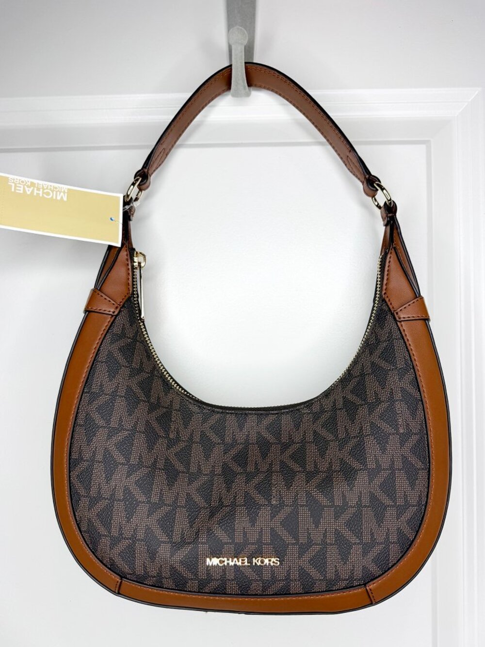 Michael Kors Preston Small Brown Logo Hobo Shoulder Bag Zip Top Gold NWT